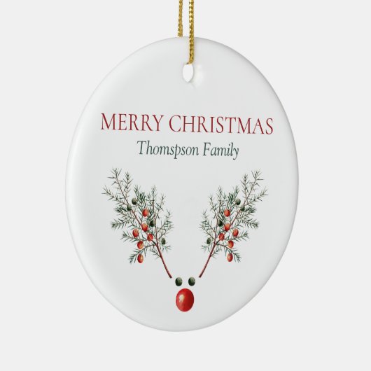 Eigen kerstrode snuitrennen met ringpijnbessen keramisch ornament (Rechts)