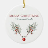 Eigen kerstrode snuitrennen met ringpijnbessen keramisch ornament (Voorkant)