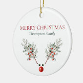 Eigen kerstrode snuitrennen met ringpijnbessen keramisch ornament (Links)