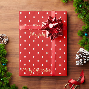 Eigen kerstrood poka-dot faux Gold-script Cadeaupapier