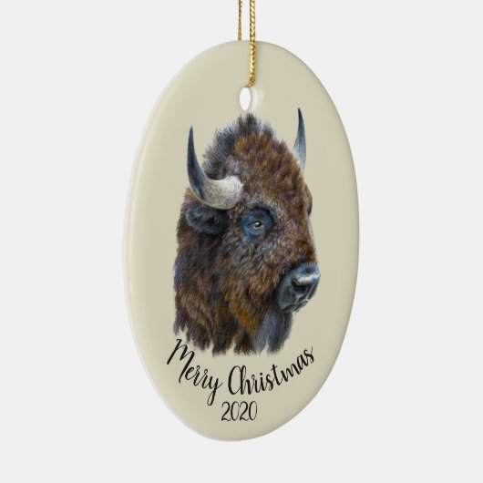 Eigen kerstWaterverf Bison Buffalo Animal Keramisch Ornament (Rechts)