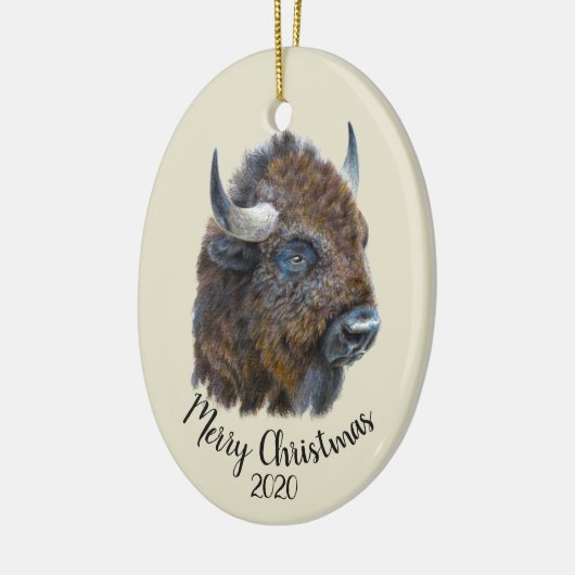 Eigen kerstWaterverf Bison Buffalo Animal Keramisch Ornament (Links)