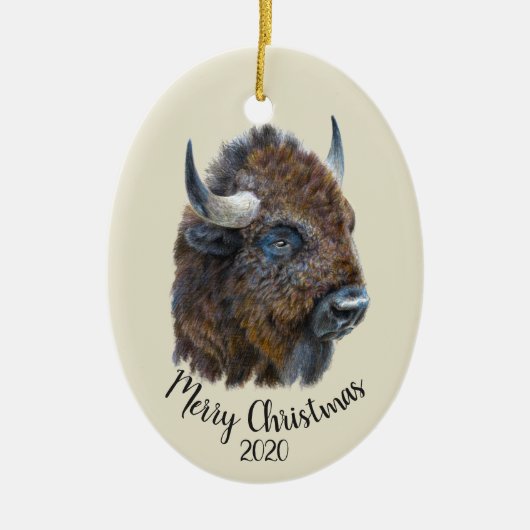 Eigen kerstWaterverf Bison Buffalo Animal Keramisch Ornament (Voorkant)