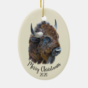 Eigen kerstWaterverf Bison Buffalo Animal Keramisch Ornament