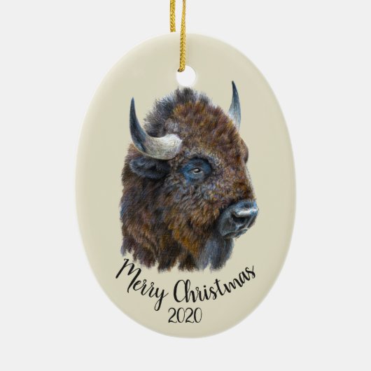 Eigen kerstWaterverf Bison Buffalo Animal Keramisch Ornament (Achterkant)