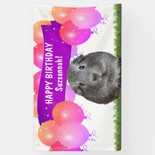 Eigen kleurrijke Happy Birthday Grey Guinee Pig Spandoek (Verticaal)