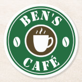 Eigen koffiebeker en bonen logo drinken kusten ronde kartonnen onderzetter (Voorkant)