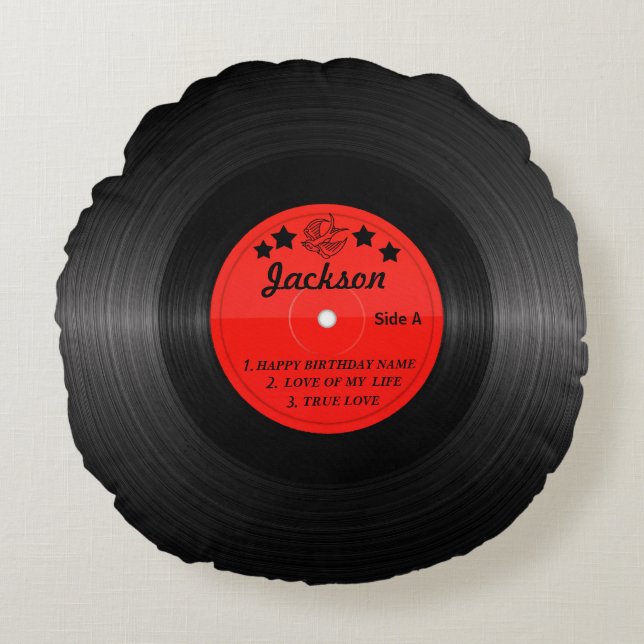 Eigen label rood vinyl record rond kussen (Voorkant)