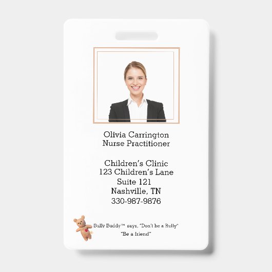 Eigen Logo Bully Buddy Employee Photo Bar Code Badge (Voorzijde)