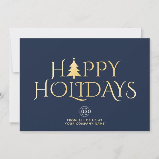 Eigen logo elegant eenvoudig blauw goud kerstmis feestdagenkaart (Voorkant)