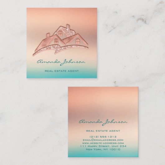 Eigen Logo voor Echte Estate Agent Home Blauwgroen Vierkante Visitekaartje (Voorkant / Achterkant)