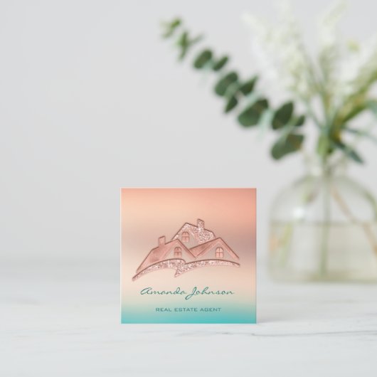 Eigen Logo voor Echte Estate Agent Home Blauwgroen Vierkante Visitekaartje (Staand voorkant)