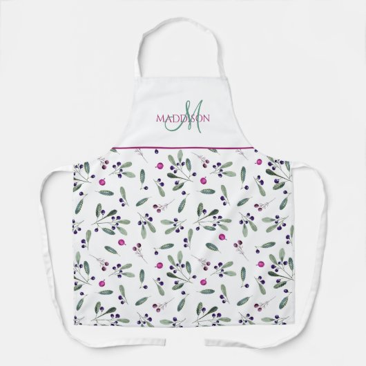 Eigen monogram, bessen en groen patroon schort (Voorkant)