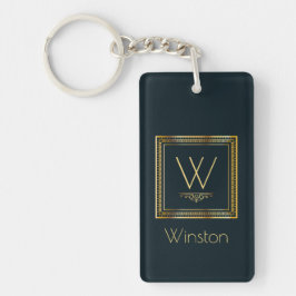 Eigen monogram Golden op donkerblauw Sleutelhanger