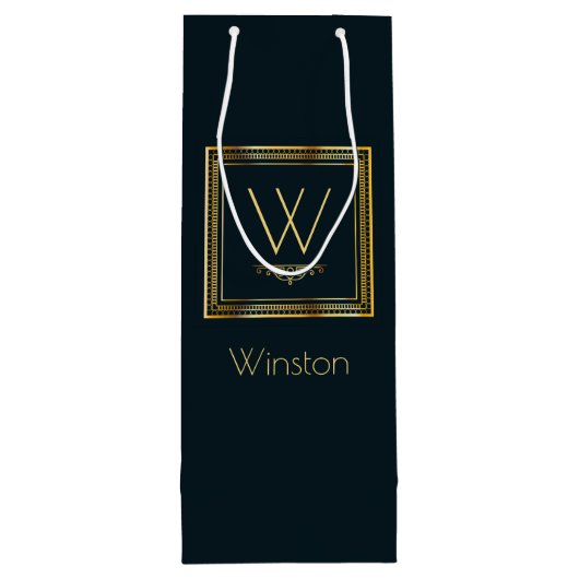 Eigen monogram Golden op donkerblauw Wijn Cadeautas (Achterkant)