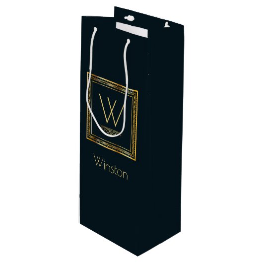 Eigen monogram Golden op donkerblauw Wijn Cadeautas (Voorkant Gekanteld)