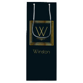Eigen monogram Golden op donkerblauw Wijn Cadeautas (Voorkant)