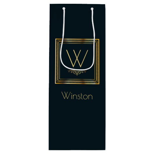 Eigen monogram Golden op donkerblauw Wijn Cadeautas (Voorkant)