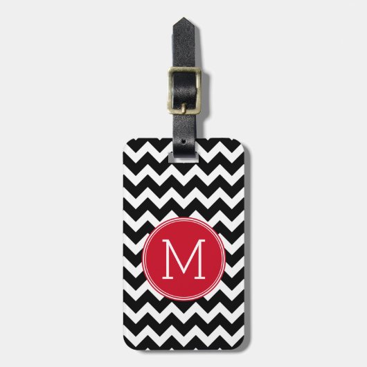 Eigen monogram rood en zwart Chevron Pattern Bagagelabel (Voorkant verticaal)