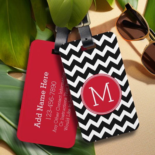 Eigen monogram rood en zwart Chevron Pattern Bagagelabel