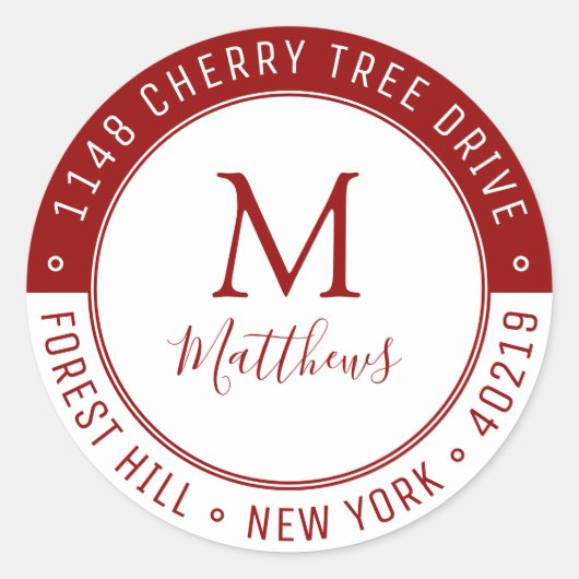 Eigen monogram stijlvol, achternaam en retouradres ronde sticker (Voorkant)