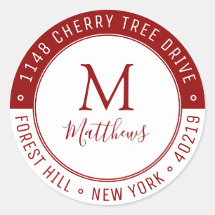 Eigen monogram stijlvol, achternaam en retouradres ronde sticker
