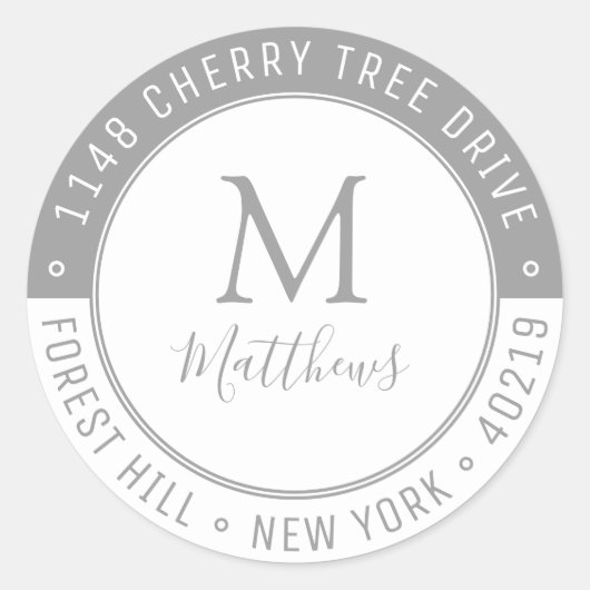 Eigen monogram stijlvol, achternaam en retouradres ronde sticker (Voorkant)