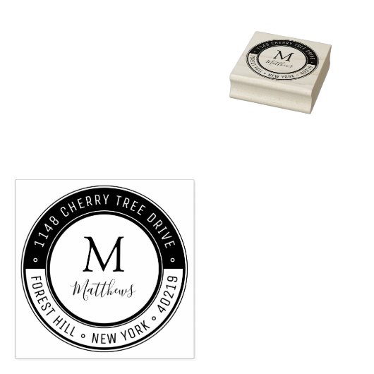 Eigen monogram stijlvol, achternaam en retouradres rubberstempel (Gestempeld)