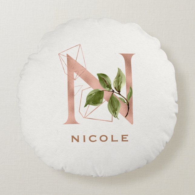Eigen monogrammen Roos Gold Floral Initiaal N Rond Kussen (Voorkant)