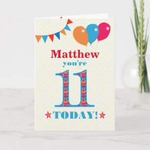 Eigen naam 11th Birthday Bunting Balloons Kaart