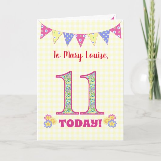 Eigen naam 11th Birthday Primroses Bunting Kaart (Voorkant)
