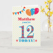 Eigen naam 12th Birthday Bunting Balloons Kaart (Gele Bloem)