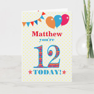 Eigen naam 12th Birthday Bunting Balloons Kaart
