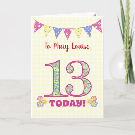 Eigen naam 13th Birthday Primroses Bunting Kaart (Voorkant)