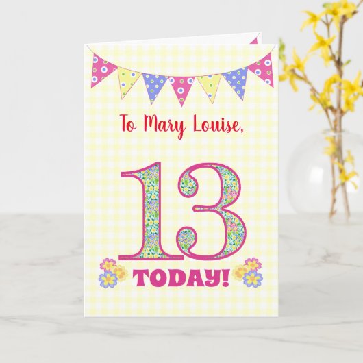 Eigen naam 13th Birthday Primroses Bunting Kaart (Gele Bloem)