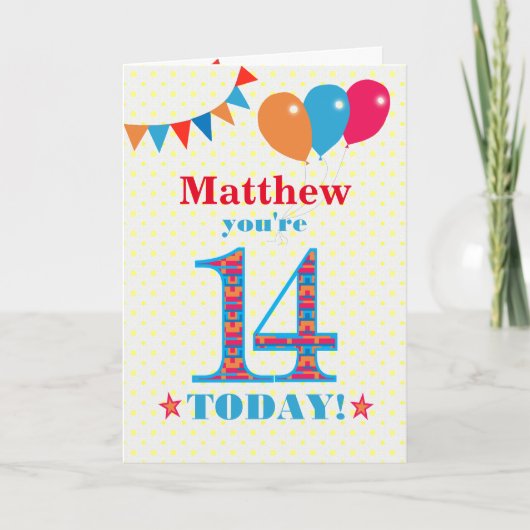 Eigen naam 14e Birthday Bunting Balloons Kaart (Voorkant)
