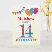 Eigen naam 14e Birthday Bunting Balloons Kaart (Gele Bloem)