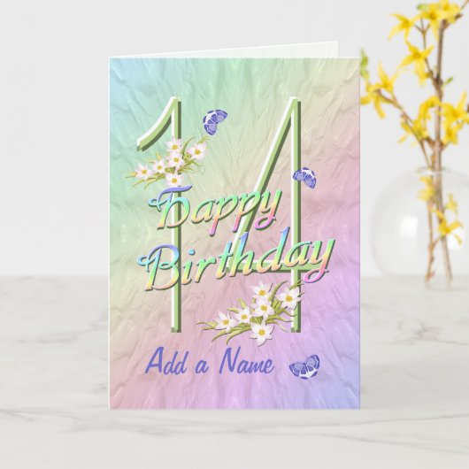 Eigen naam 14e verjaardag vlinderbloemkool kaart (Gele Bloem)