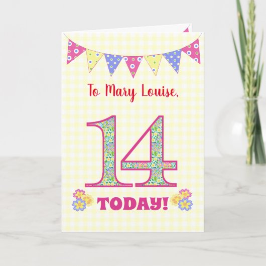 Eigen naam 14th Birthday Primroses Bunting Kaart (Voorkant)