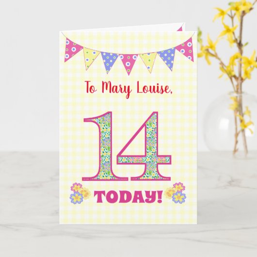 Eigen naam 14th Birthday Primroses Bunting Kaart (Gele Bloem)