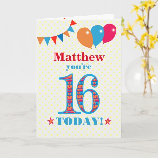 Eigen naam 16e Birthday Bunting Balloons Kaart (Gele Bloem)