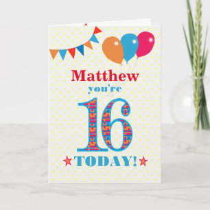 Eigen naam 16e Birthday Bunting Balloons Kaart