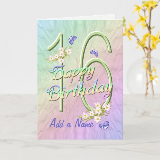 Eigen naam 16e verjaardag vlinderklaart kaart (Gele Bloem)