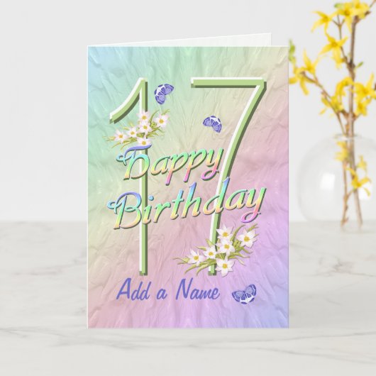 Eigen naam 17e verjaardag vlinderklaart kaart (Gele Bloem)