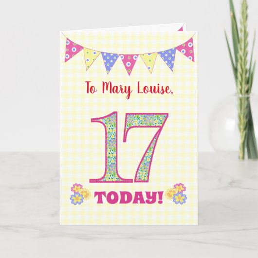 Eigen naam 17th Birthday Primroses Bunting Kaart (Voorkant)