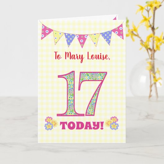 Eigen naam 17th Birthday Primroses Bunting Kaart (Gele Bloem)