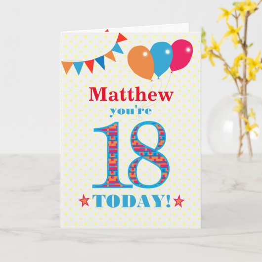 Eigen naam 18th Birthday Bunting Balloons Kaart (Gele Bloem)