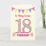 Eigen naam 18th Birthday Primroses Bunting Kaart<br><div class="desc">Een 18e Birthday-kaart die je op de voorkant kunt personaliseren, met polka stift, primrose bloemen en getallen gevuld met een primrose patroon, allemaal op een bleek gele achtergrond van gingham. Het voordekbericht is: 'Aan (ruimte voor je om de naam toe te voegen) 18 VANDAAG!' Het binnenbericht is slechts een suggestie...</div>