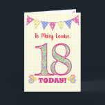 Eigen naam 18th Birthday Primroses Bunting Kaart<br><div class="desc">Een 18e Birthday-kaart die je op de voorkant kunt personaliseren, met polka stift, primrose bloemen en getallen gevuld met een primrose patroon, allemaal op een bleek gele achtergrond van gingham. Het voordekbericht is: 'Aan (ruimte voor je om de naam toe te voegen) 18 VANDAAG!' Het binnenbericht is slechts een suggestie...</div>