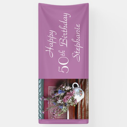 Eigen naam 50th Birthday  Teapot Paars Spandoek (Verticaal)